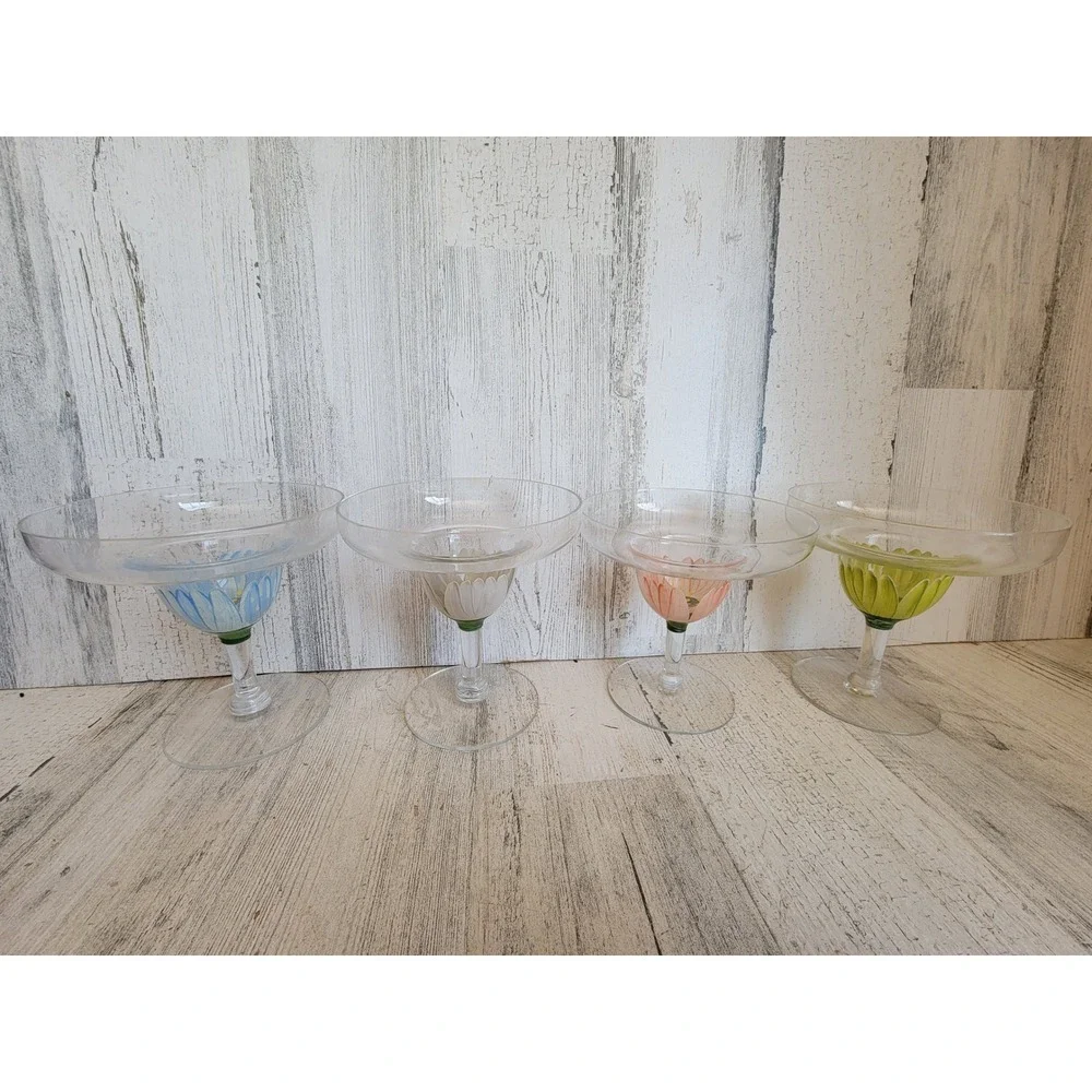 Vintage flower margarita glass tulip set kitchen cup home decor unique floral